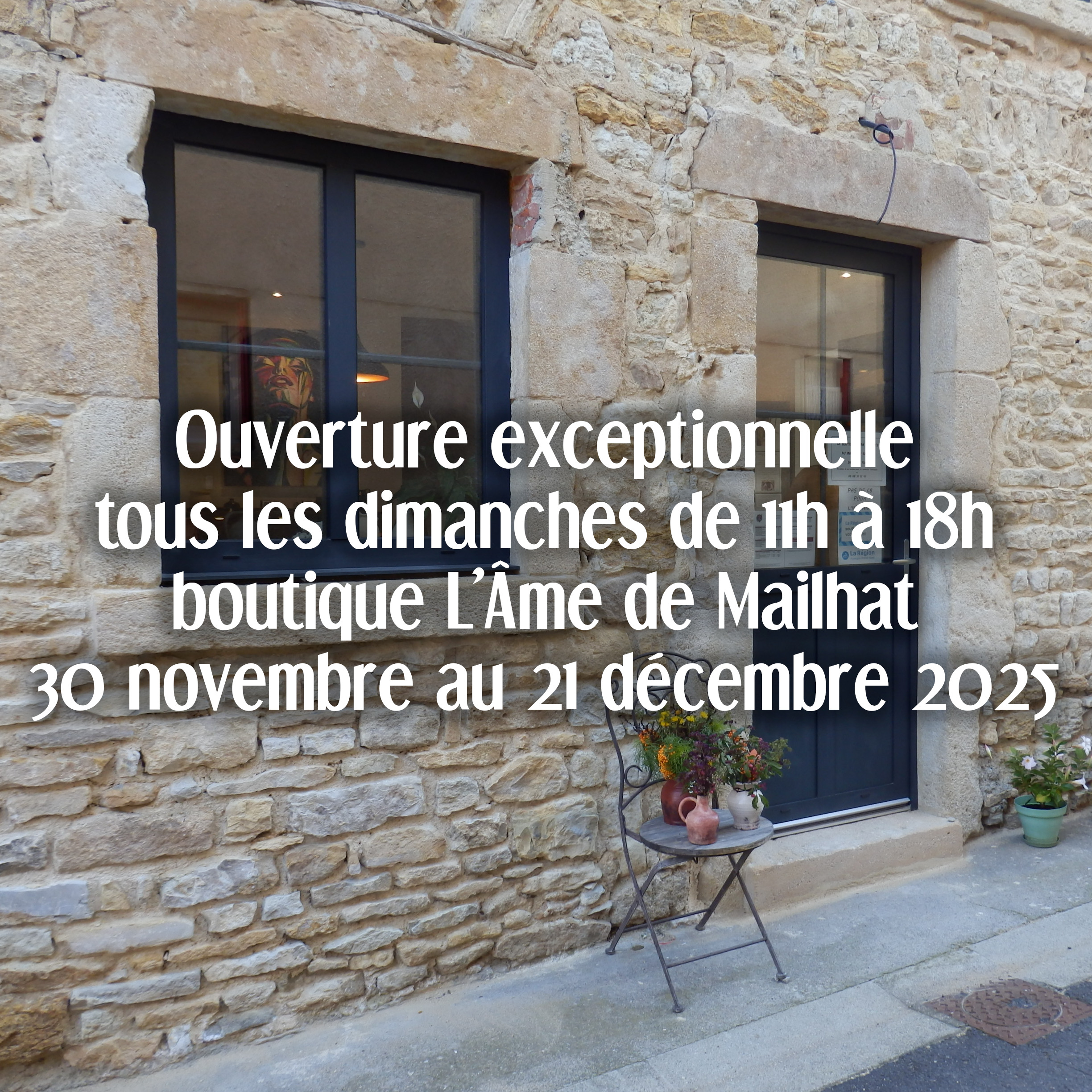 Ouverture le dimanche de la boutique L’Âme de Mailhat du 30 novembre au 21 décembre 2025